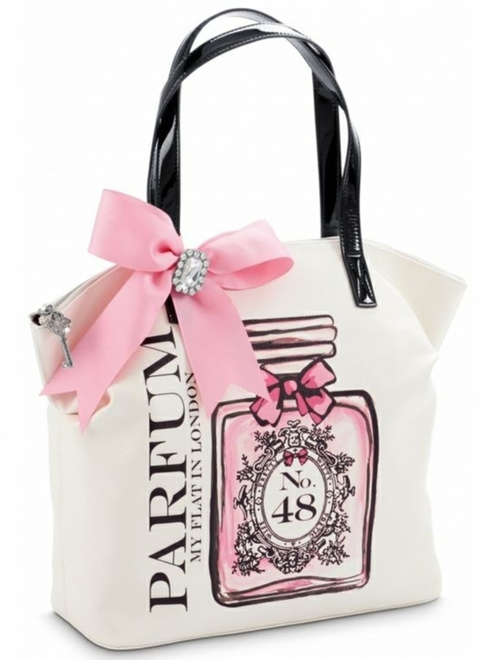 My Flat in London Cream Tote Bag with Pink Bow & Perfume Print, NWOT